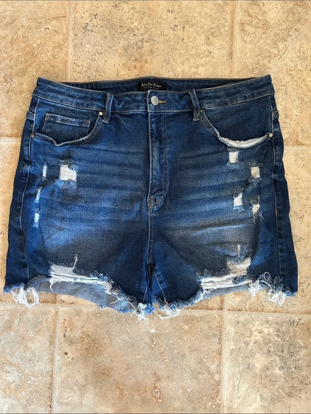 High-Rise Distressed Dark Blue Denim Shorts